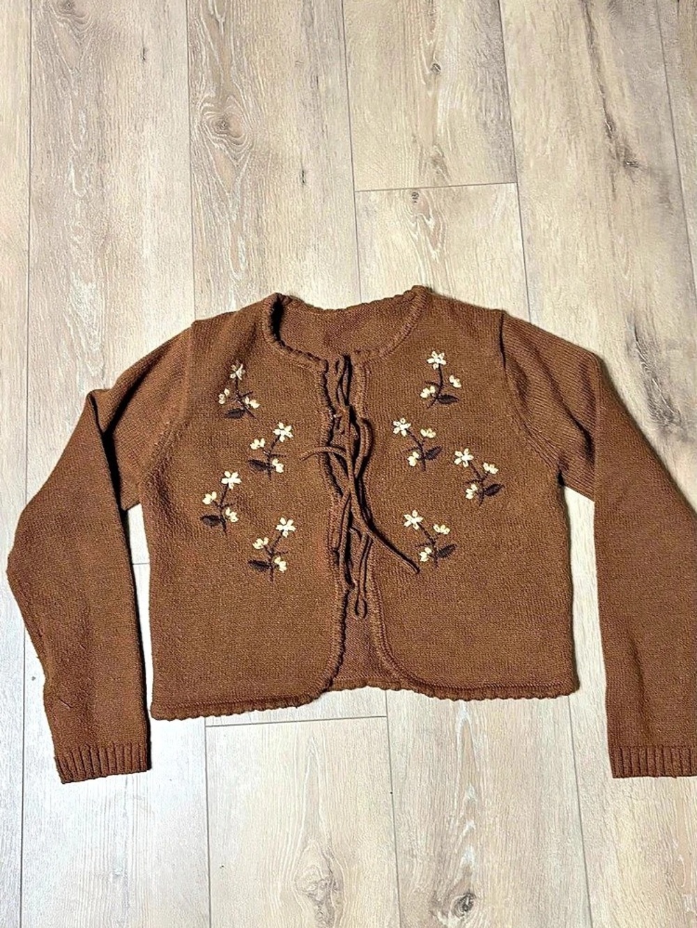 CIDER Floral Embroidery Knotted Cardigan Brown XL - Picture 3 of 10
